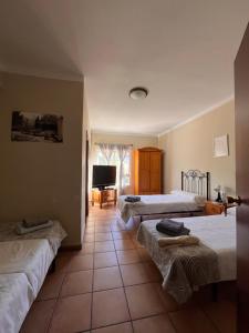 een kamer met drie bedden en een televisie bij Hotel Espadan in Azuébar