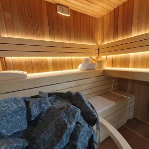 a inside of a sauna with a rock in it at Hotel Alpha Paris Eiffel by Patrick Hayat in Boulogne-Billancourt