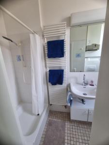 uma casa de banho branca com um chuveiro e um lavatório. em Ruhig & Mitten in der Altstadt, nahe Uni&Schloss em Heidelberg