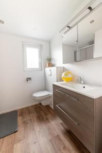een witte badkamer met een toilet en een wastafel bij Vakantiepark Klein Vink - Boulevard 27 in Arcen