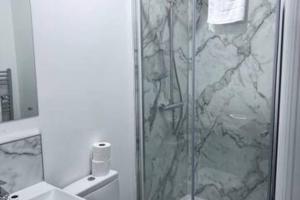 FREE PARKING - Cosy 2-BR Flat near Salford Royal في مانشستر: حمام مع دش مع مرحاض ومغسلة