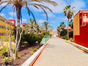 una calle con palmeras y un edificio rojo en Casita La Caleta Fuerteventura, en Parque Holandes