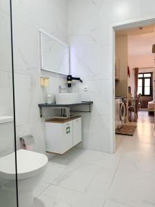 a white bathroom with a sink and a toilet at Apartamento Qian porto Centro 2 in Porto