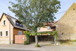 un albero di fronte a una casa con un edificio di 70qm Wohnung für 4 Personen a Selzen