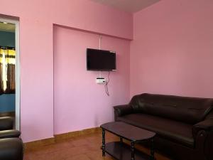 a living room with a couch and a tv on a pink wall at Valley Villa 2BHK in Kodaikānāl