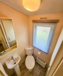 a bathroom with a toilet and a sink and a mirror at Serene Stay: Beautiful 2Bed Lodge in Kelsall in Kelsall