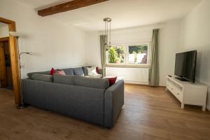 ein Wohnzimmer mit einem Sofa und einem TV in der Unterkunft Ferienhaus Zum Waldrand in Erfweiler