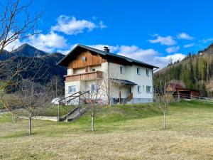 Aflenz Kurort的住宿－Ferienhaus Am Hofacker，山丘上的房子,前面有树木