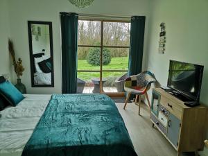 a bedroom with a bed and a tv and a window at LA PAUSE in Surville