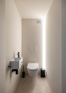 ein weißes Bad mit einem WC und einem Waschbecken in der Unterkunft City-view loft with beams mezzanine and high ceiling in Gent