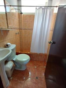 uma casa de banho com um WC, um lavatório e um chuveiro em HOTEL FIORELLA PARACAS em Paracas