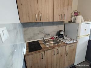 a small kitchen with a sink and a refrigerator at Casa lui Andrei in Braşov