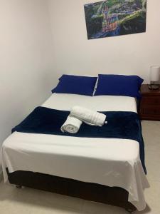 een bed met blauwe kussens en een handdoek erop bij Apartamento confortable, cerca a la Basílica in Buga
