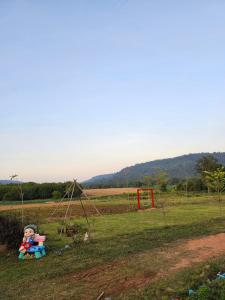 a child sitting on a swing in a field at ฟาร์มผัก Thank you in Ban Kom