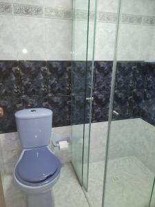 een badkamer met een blauw toilet en een douche bij The Emerald, Medellin in Medellín