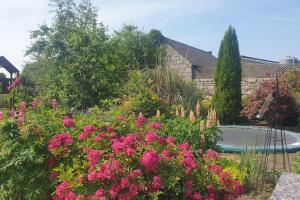un jardin avec des fleurs roses et un étang dans l'établissement Grove Cottage at The Lodge, à Tullow