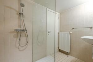 een badkamer met een douche en een wastafel bij Bonrepo Room 104 in Brugge