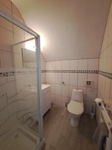 een badkamer met een toilet en een glazen douche bij Ashwood House Guest House in Harrogate