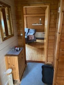 um quarto com um sofá e uma cadeira numa cabina em Blockhaus FerienZauber III em Bromskirchen