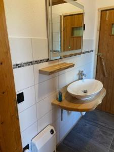 ein Bad mit einem Waschbecken und einem Spiegel in der Unterkunft Blockhaus FerienZauber III in Bromskirchen