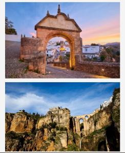 dos fotos de un arco de piedra con una montaña en Apartamento parque Campillos, en Campillos