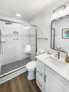 La salle de bains est pourvue d'une douche, de toilettes et d'un lavabo. dans l'établissement Hot Tub, Putting Green + Bikes!, à Charleston