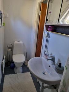 a bathroom with a white sink and a toilet at Lovely cottage by the south coast in Trelleborg