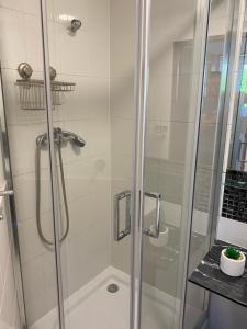 y baño con ducha y puerta de cristal. en Apartament Natalia en Mrągowo