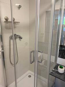 y baño con ducha y puerta de cristal. en Apartament Natalia en Mrągowo