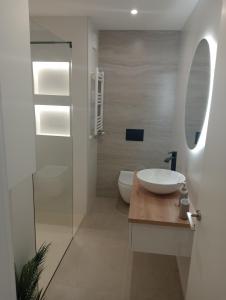 y baño con lavabo, aseo y espejo. en Apartamento Pumarin, en Oviedo