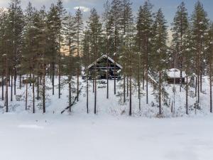 una baita di tronchi nel bosco nella neve di Holiday Home Villa assi by Interhome a Haapamäki