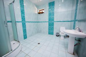 ein blau-weißes Bad mit einem Waschbecken und einem WC in der Unterkunft Villa Hotel in Yerevan