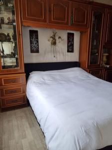 um quarto com uma cama branca e armários de madeira em Maison au bord de Marne em Maisons-Alfort