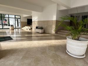 a lobby with a large pot with plants in it at Apartamento Canaima in Quarteira