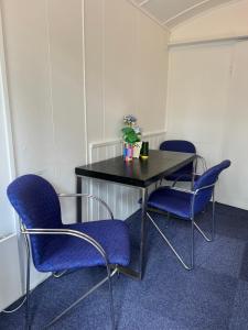 einen Tagungsraum mit einem Tisch und blauen Stühlen in der Unterkunft Rena HOSTEL EINARA in Rena