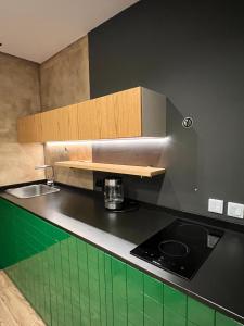 una cocina con encimera negra y verde en Remarkable Apartment, en Tirana