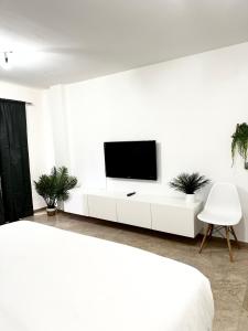 a white bedroom with a tv on a white wall at Alojamiento Bruckner in Málaga