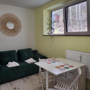 a living room with a green couch and a table at Apartamenty Ustroń Wczasowa 90 in Ustroń