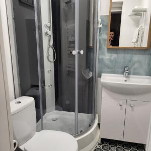 a bathroom with a shower and a toilet and a sink at Apartamenty Ustroń Wczasowa 90 in Ustroń