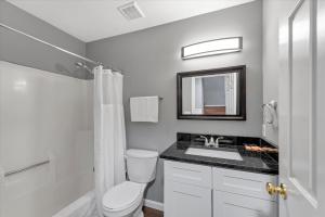 a bathroom with a toilet and a sink and a mirror at 713a - Settle in Historic Soulard in Soulard