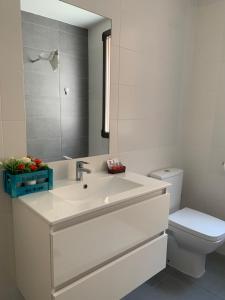 bagno bianco con lavandino e servizi igienici di Casa de la abuela pequeña a Teruel
