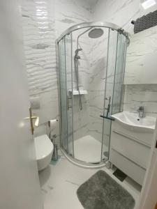 a bathroom with a shower and a toilet and a sink at Beach House Tisno whit Sea View in Tisno +24 photos