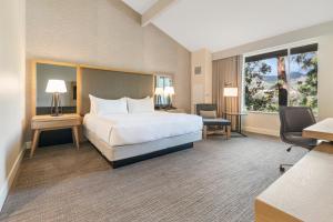 フォールブルックにあるPala Mesa Resortのベッド、デスク、椅子が備わるホテルルームです。
