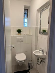 La petite salle de bains est pourvue de toilettes et d'un lavabo. dans l'établissement Bruchköbel 3 auch für Monteure, à Bruchköbel