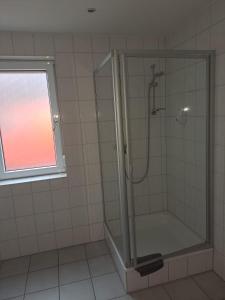 a bathroom with a shower with a glass door at Gasthof Hirschkeller in Göppingen