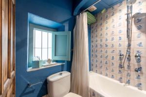 a blue bathroom with a toilet and a bath tub at Casa Guadalupe in Seville +31 photos