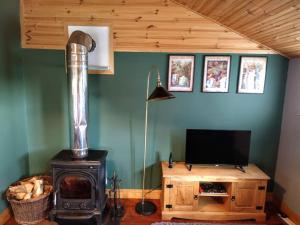 a living room with a wood stove and a television at Forest View Cabin in Ballaghaderreen