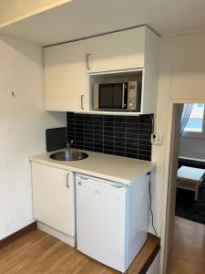 a small kitchen with a sink and a microwave at Central university - centralt högskolan in Halmstad