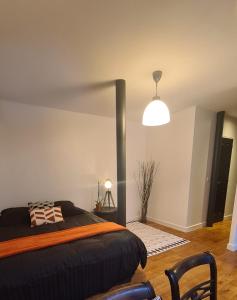 a bedroom with a bed and a lamp at studio d'ALO in Clamart