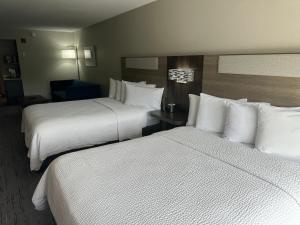 2 Betten in einem Hotelzimmer mit weißen Kissen in der Unterkunft Holiday Inn Express Birmingham Irondale East, an IHG Hotel in Birmingham